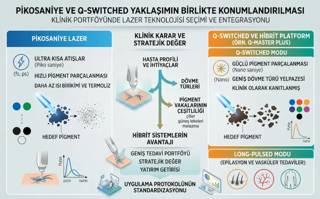 Pikosaniye lazer ile Q-switched ve hibrit lazer platformlarının dövme silme, pigment tedavisi, epilasyon ve vasküler uygulamalarda klinik konumlandırmasını gösteren infografik