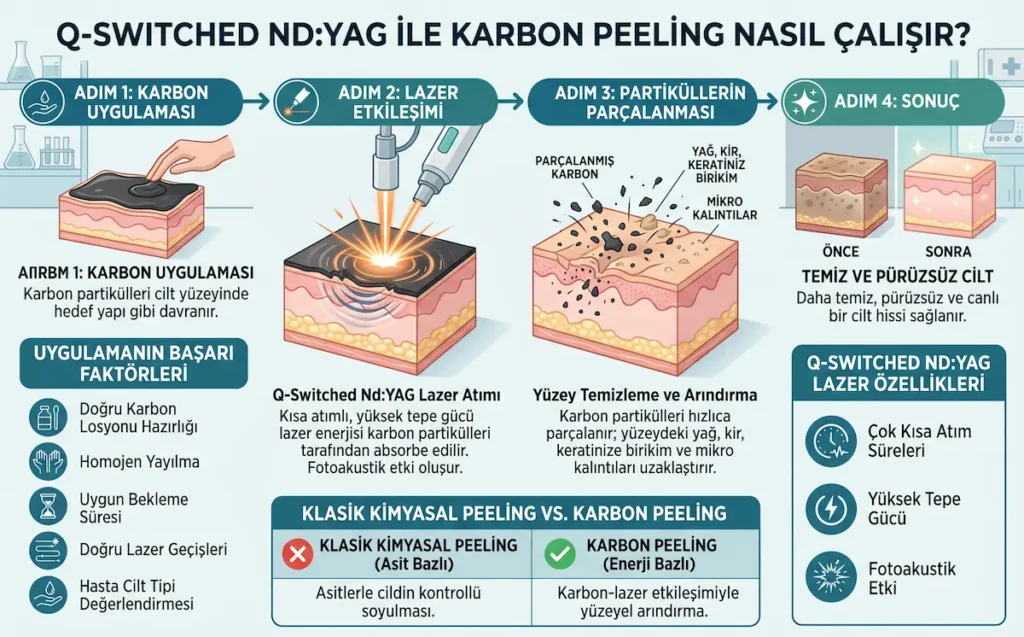 Q-switched Nd:YAG ile karbon peeling uygulamasında karbon losyonu, lazer etkileşimi, partikül parçalanması ve temiz cilt sonucunu gösteren profesyonel infografik.