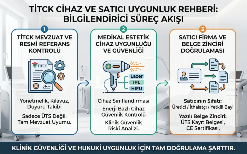 TİTCK mevzuat kontrolü, medikal estetik cihaz uygunluğu ve satıcı firma belge zinciri doğrulamasını gösteren süreç akışı infografik