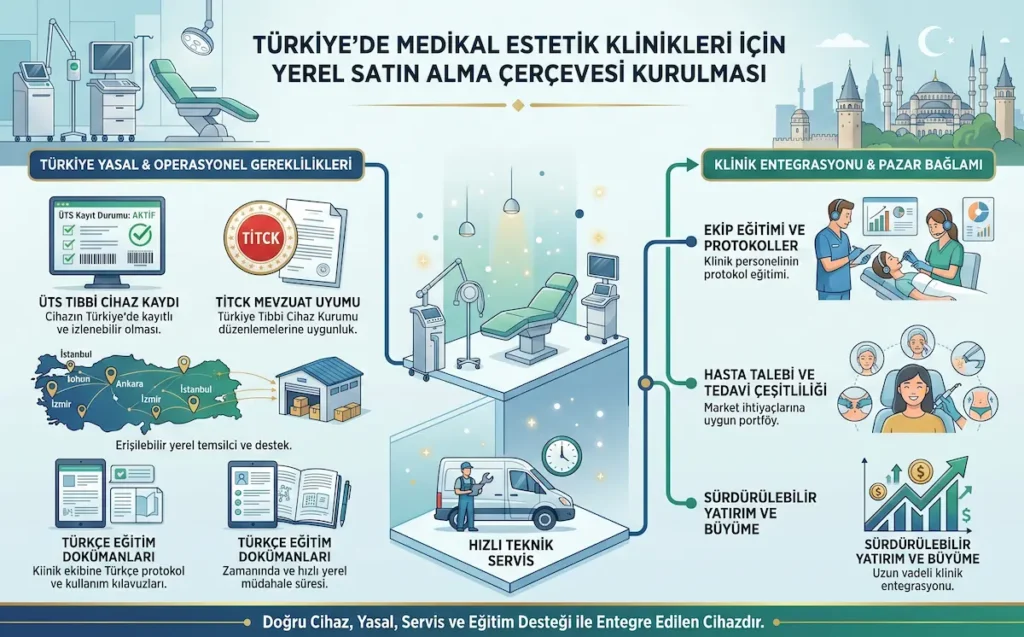 Türkiye’de medikal estetik klinikleri için ÜTS tıbbi cihaz kaydı, TİTCK mevzuat uyumu, yerel servis, Türkçe eğitim dokümanları ve klinik entegrasyon sürecini gösteren infografik
