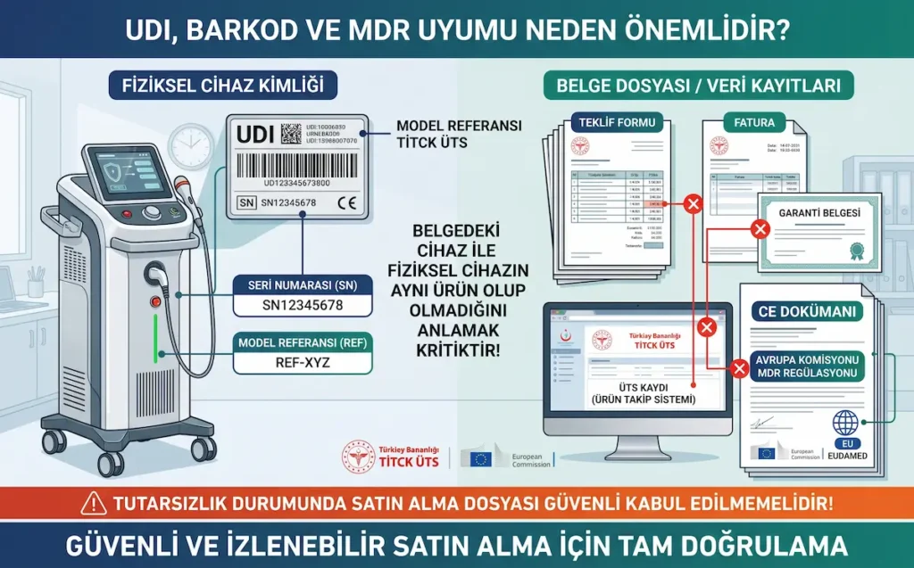 Medikal estetik cihaz satın almada UDI, barkod, seri numarası, model referansı, ÜTS kaydı, CE dokümanı ve MDR uyumu doğrulama sürecini gösteren infografik