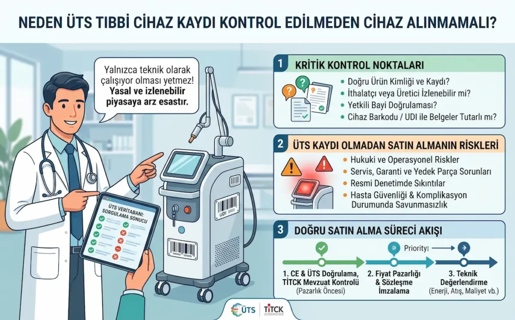 ÜTS tıbbi cihaz kaydı, TİTCK ve CE belgesi doğrulama sürecini gösteren medikal estetik cihaz satın alma kontrol listesi