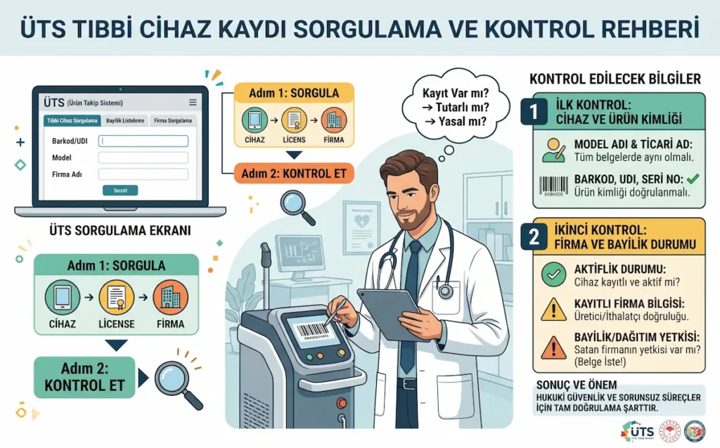 ÜTS tıbbi cihaz kaydı sorgulama ekranı, barkod UDI kontrolü, cihaz ürün kimliği ve firma bayilik durumu doğrulama adımlarını gösteren rehber infografik