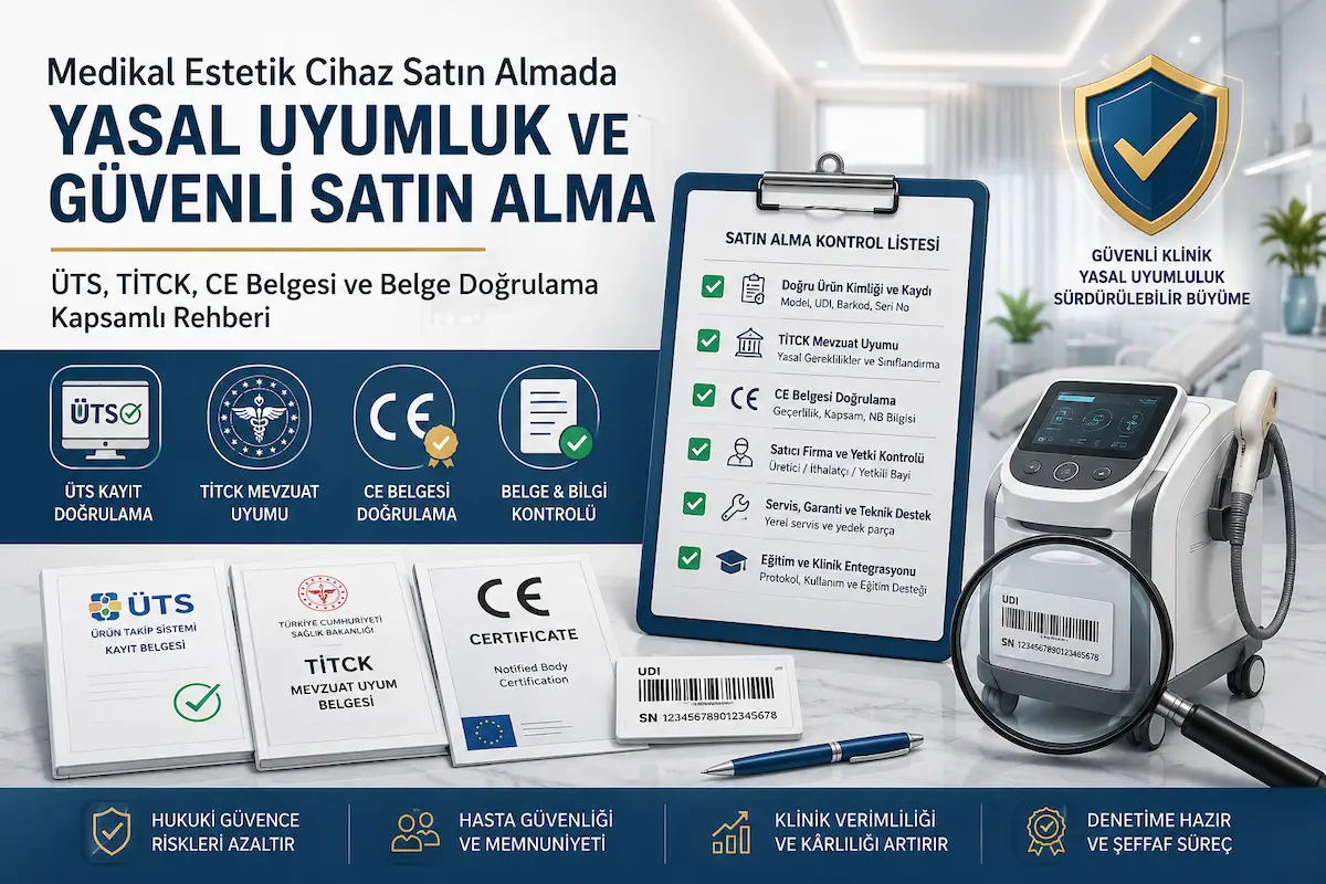 Medikal estetik cihaz satın almada ÜTS tıbbi cihaz kaydı, TİTCK mevzuat uyumu, CE belgesi doğrulama, UDI barkod kontrolü ve güvenli satın alma kontrol listesini gösteren öne çıkarılmış görsel