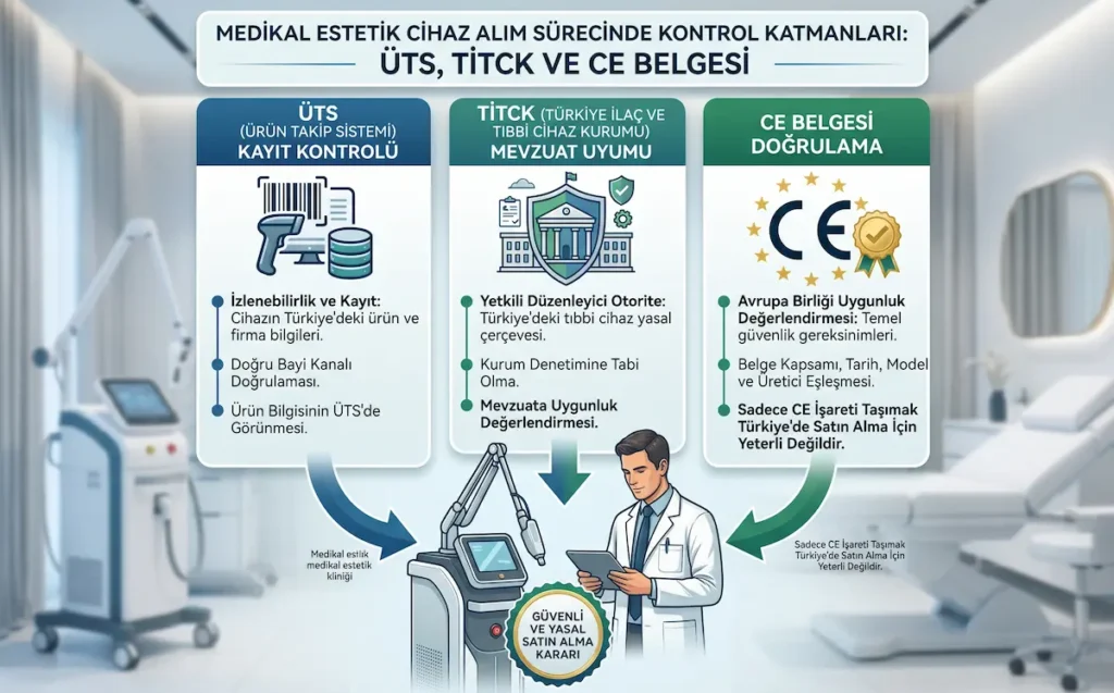Medikal estetik cihaz alımında ÜTS tıbbi cihaz kaydı, TİTCK mevzuat uyumu ve CE belgesi doğrulama katmanlarını gösteren infografik