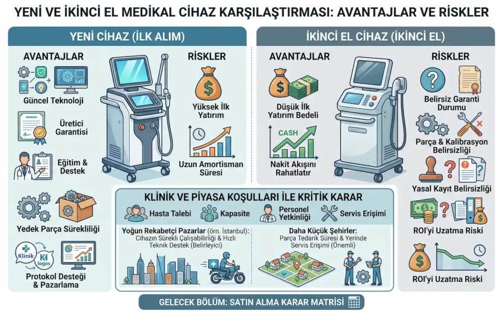 Yeni ve ikinci el medikal estetik cihazların garanti, eğitim, yedek parça, yatırım maliyeti, servis erişimi, yasal kayıt ve ROI riskleri açısından karşılaştırmasını gösteren infografik