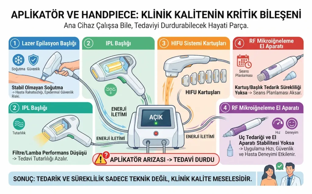 Aplikatör ve handpiece arızasının lazer epilasyon, IPL, HIFU ve RF mikroiğneleme tedavilerinde klinik kaliteyi nasıl etkilediğini gösteren infografik