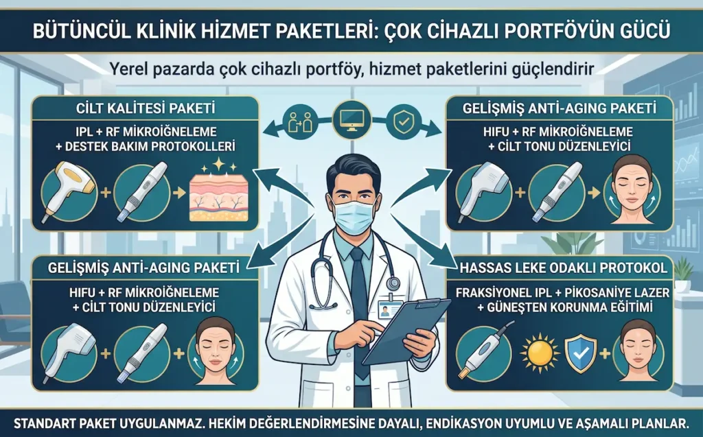 Klinik cihaz portföyü strateji görseli; IPL, RF mikroiğneleme, HIFU ve pikosaniye lazerle bütüncül hizmet paketlerini gösterir.