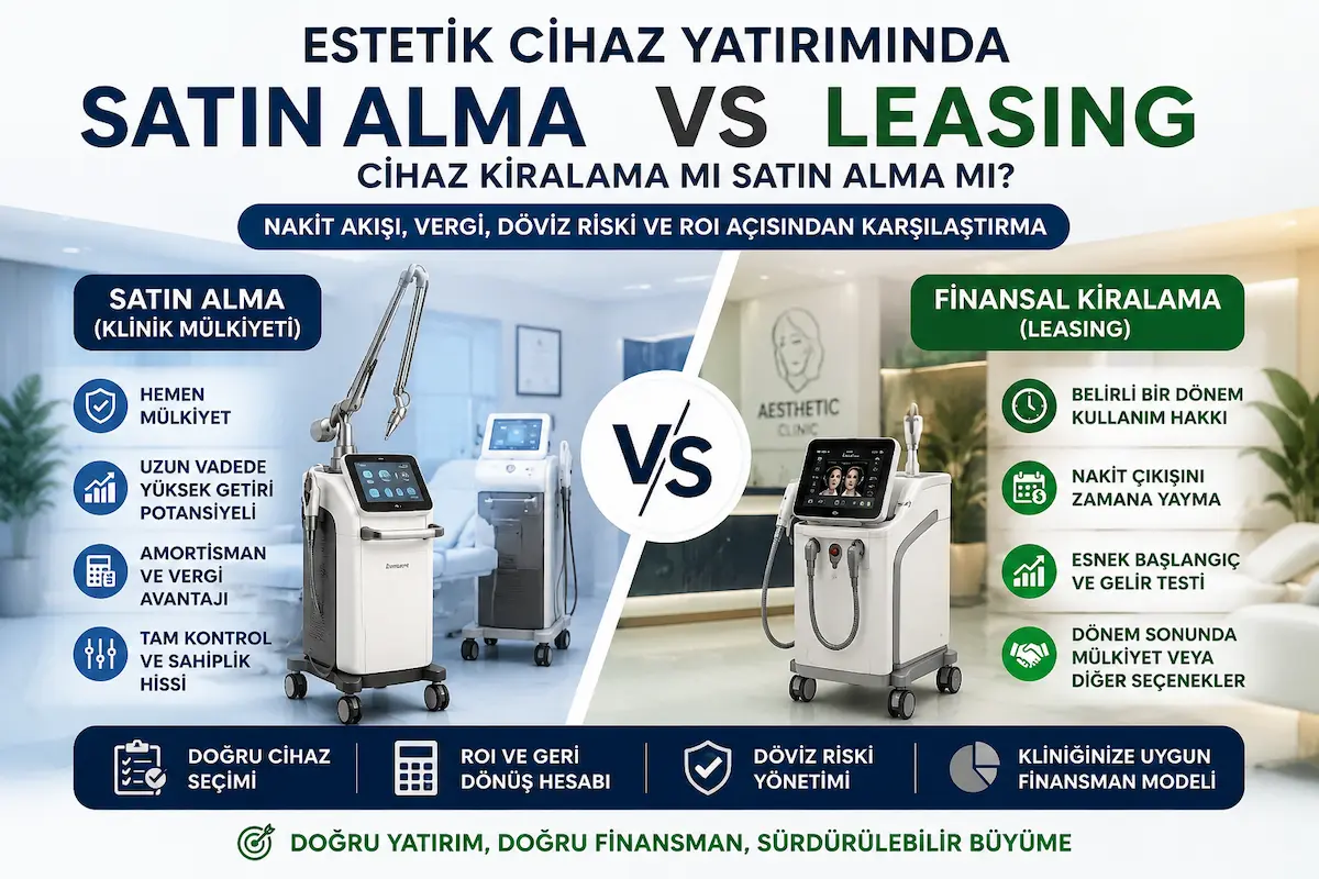 Cihaz kiralama mi satin alma mi sorusunu yanıtlayan, estetik cihaz yatırımında satın alma ve leasing modellerini nakit akışı, vergi, döviz riski ve ROI açısından karşılaştıran infografik