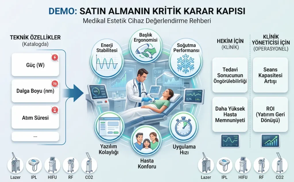 Estetik cihaz demo değerlendirme sürecinde performans, konfor, hız ve ROI kriterlerini gösteren rehber görsel