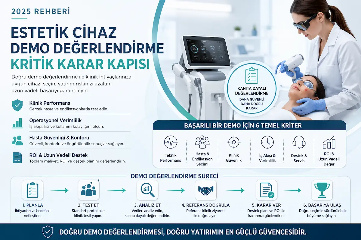 Estetik cihaz demo değerlendirme sürecinde klinik performans, hasta güvenliği, iş akışı, destek ve ROI kriterlerini gösteren öne çıkarılmış görsel