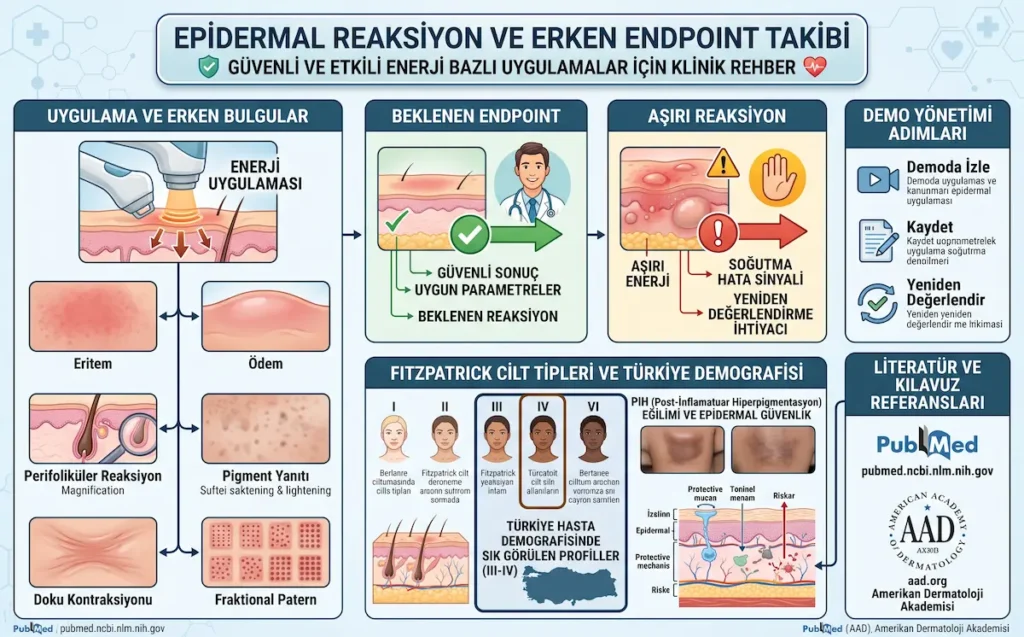 Estetik cihaz demo değerlendirme sürecinde epidermal reaksiyon ve erken endpoint takibini gösteren klinik rehber görsel