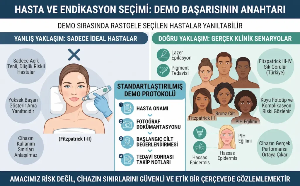 Estetik cihaz demo değerlendirme sürecinde hasta ve endikasyon seçimini gösteren klinik test protokolü görseli