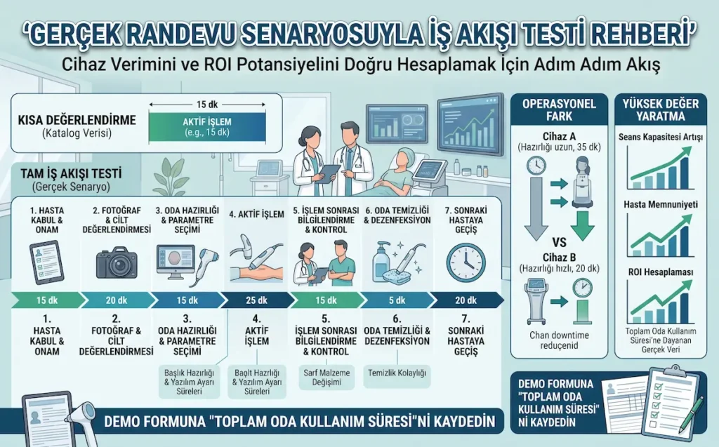 Estetik cihaz demo değerlendirme sürecinde gerçek randevu senaryosuyla iş akışı testi ve ROI hesaplamasını gösteren infografik