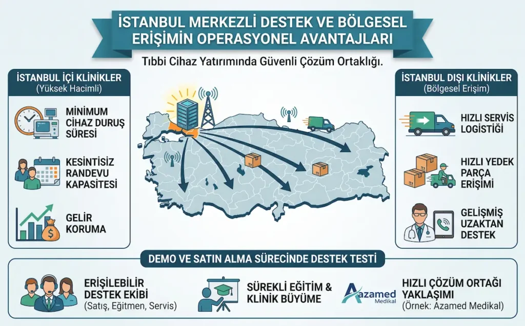 Estetik cihaz demo değerlendirme sürecinde İstanbul merkezli destek, bölgesel servis erişimi ve teknik destek avantajlarını gösteren infografik