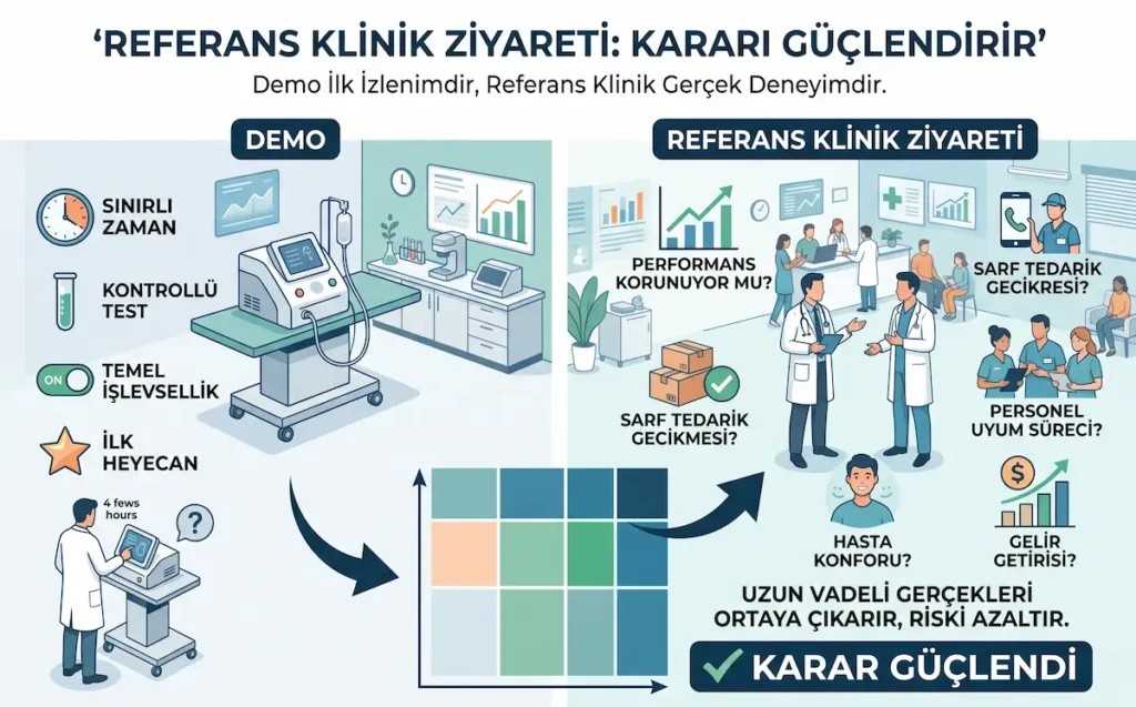 Estetik cihaz demo değerlendirme sürecinde referans klinik ziyaretinin satın alma kararını nasıl güçlendirdiğini gösteren infografik