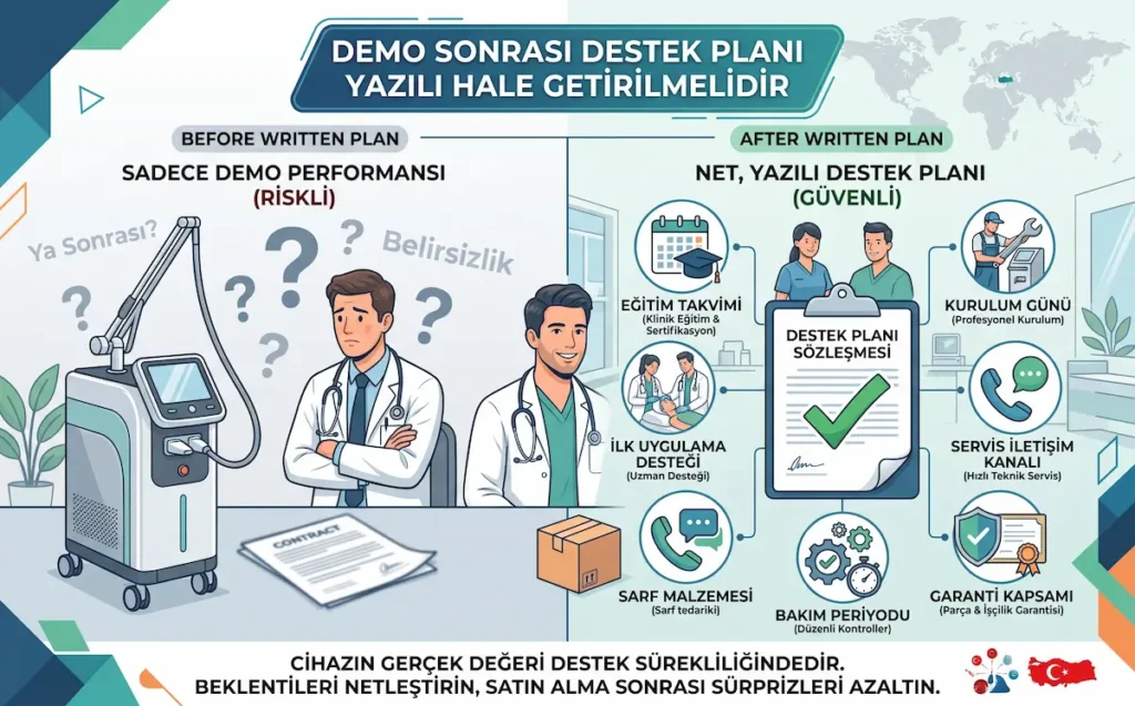 Estetik cihaz demo değerlendirme sonrası eğitim, kurulum, servis, garanti ve sarf desteğini gösteren destek planı infografiği