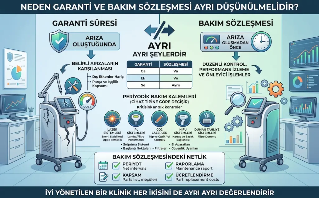 Garanti süresi ve bakım sözleşmesi farkını, periyodik bakım ve tıbbi cihaz teknik servis sürecini gösteren infografik