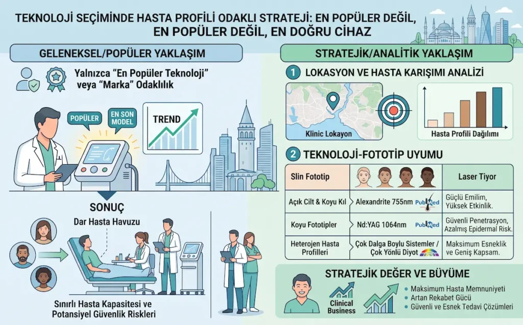 Klinik cihaz portföyü strateji görseli; teknoloji seçiminde hasta profili, lokasyon analizi ve fototip uyumunu açıklar.