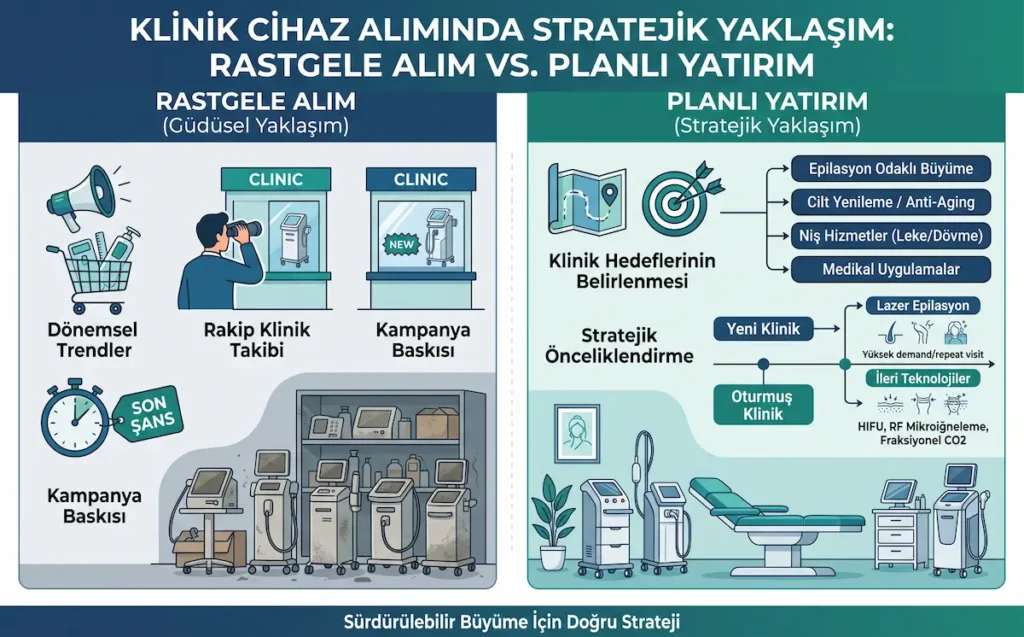 Klinik cihaz portföyü strateji görseli; rastgele cihaz alımı ile planlı yatırım yaklaşımını karşılaştırır.
