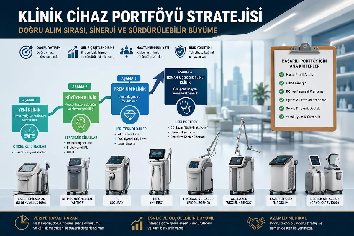 Klinik cihaz portföyü stratejisi görseli; doğru alım sırası, cihaz sinerjisi, gelir çeşitlendirme ve sürdürülebilir büyüme aşamalarını gösterir.