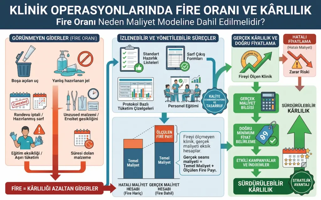 Klinik operasyonlarında fire oranının seans maliyet modeli, doğru fiyatlandırma ve sürdürülebilir kârlılık üzerindeki etkisi