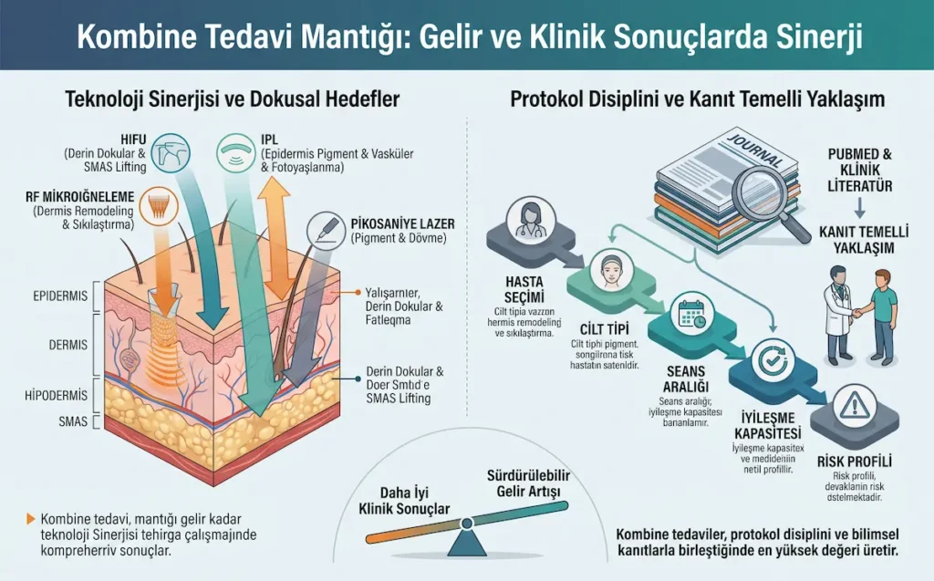 Klinik cihaz portföyü strateji görseli; HIFU, IPL, RF mikroiğneleme ve pikosaniye lazer ile kombine tedavi sinerjisini açıklar.