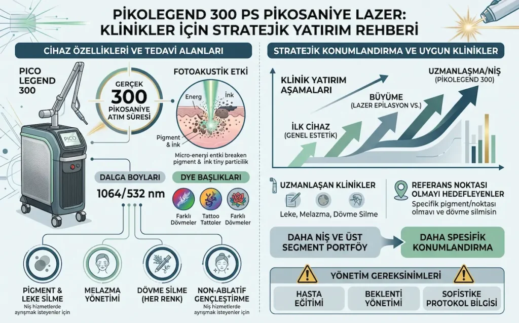 Klinik cihaz portföyü strateji görseli; PICO LEGEND 300 ps pikosaniye lazerin leke, melazma, dövme silme ve niş klinik yatırımlardaki konumunu açıklar.