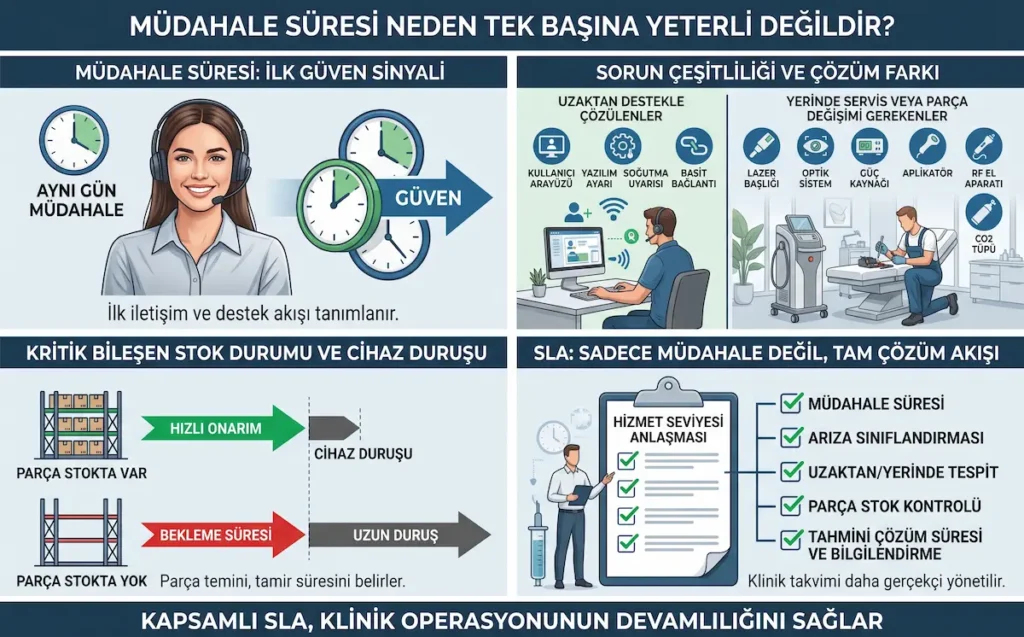 Tıbbi cihaz SLA kapsamında müdahale süresi, parça stoğu ve cihaz duruş süresini gösteren infografik
