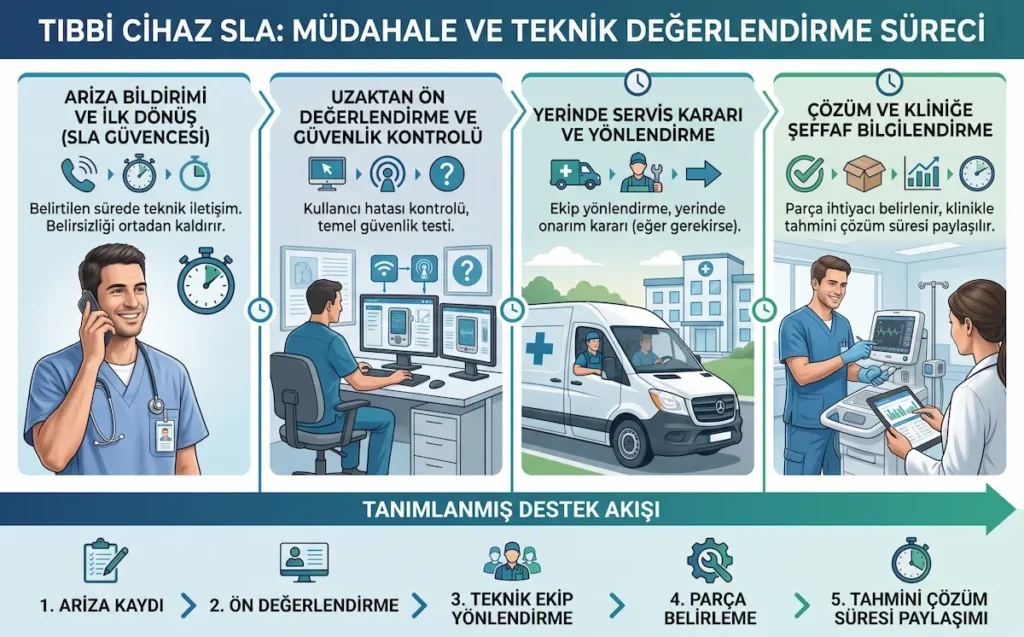 Tıbbi cihaz SLA kapsamında arıza bildirimi, uzaktan ön değerlendirme, yerinde servis kararı ve çözüm sürecini gösteren klinik infografik