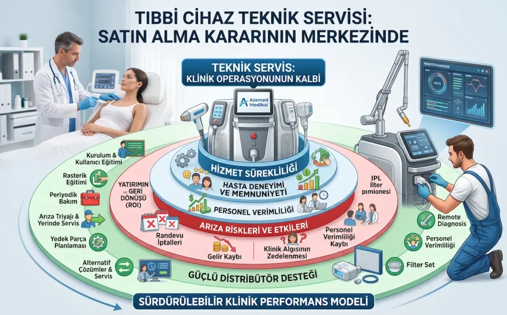 Tıbbi cihaz teknik servis SLA sürecinde yedek parça, yerinde servis ve distribütör desteğini gösteren klinik infografik