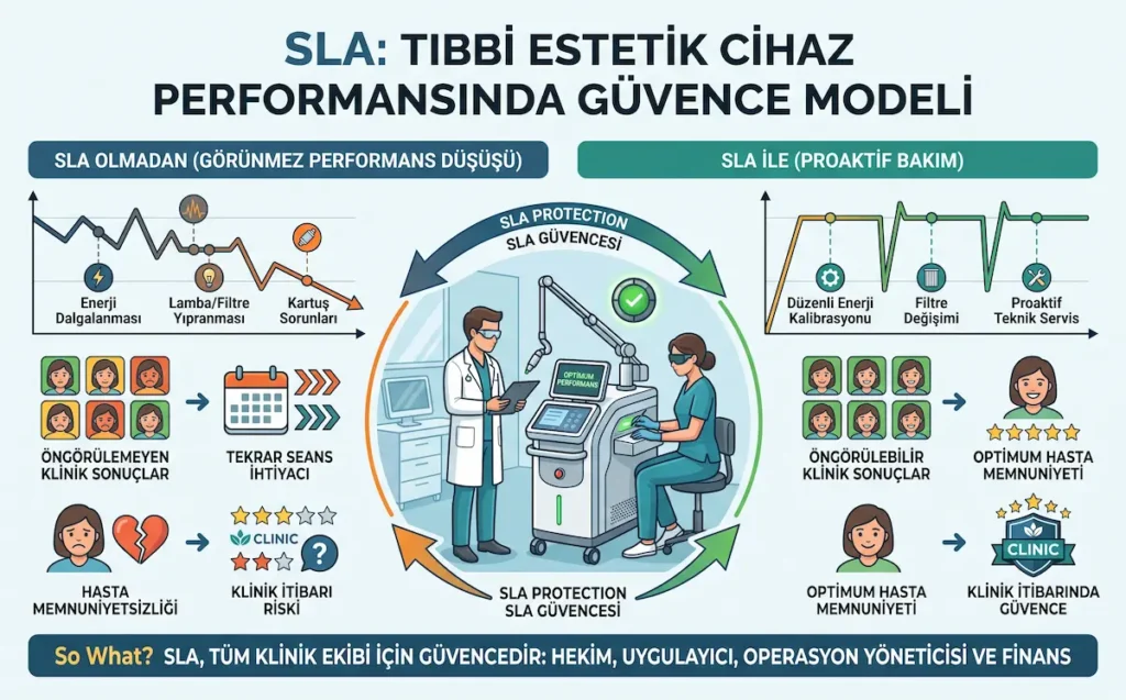 Tıbbi cihaz teknik servis SLA modeliyle proaktif bakım, kalibrasyon ve hasta memnuniyetini gösteren klinik infografik