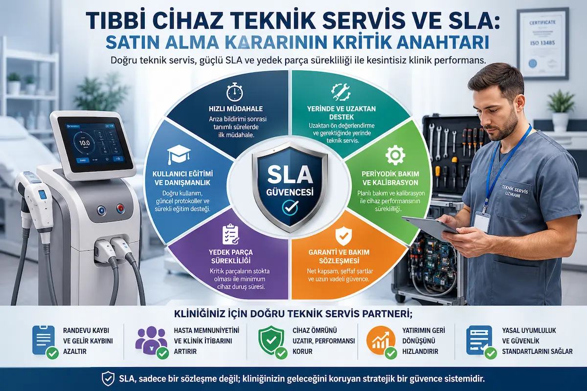 Tıbbi cihaz teknik servis ve SLA sürecinde hızlı müdahale, yedek parça, bakım, kalibrasyon ve distribütör desteğini gösteren klinik infografik
