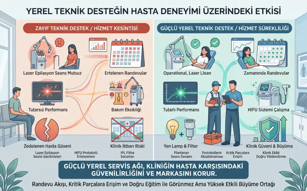 Yerel teknik destek, tıbbi cihaz teknik servis ve yedek parça erişiminin hasta deneyimi ile klinik güvenilirliğine etkisini gösteren infografik